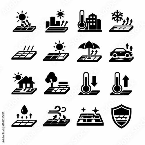 Black weather-resistant solar panel icons depicting temperature and climate effects