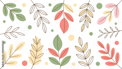 Colorful illustration of various leaves and dots on white background