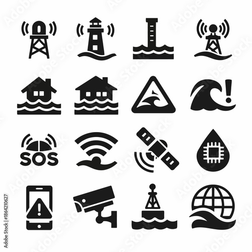 Flood warning symbols: icons of lighthouses, sos signals, and global alerts