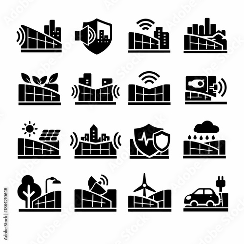 Smart city icons: eco-friendliness, connectivity, renewable energy, electric vehicles