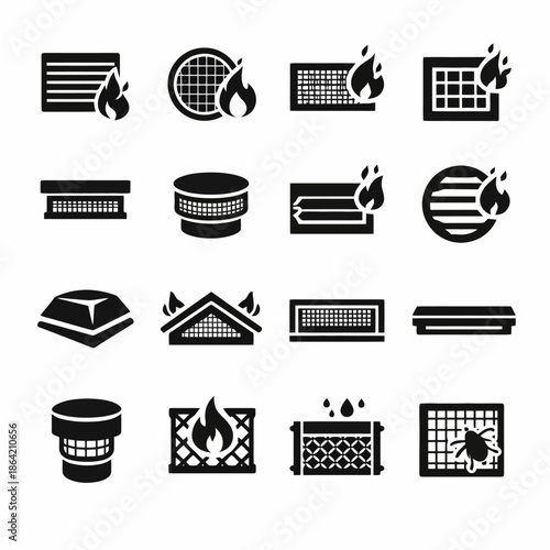 Set of fire safety vent and air filter icons in black and white