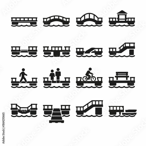Icon set of various bridges and piers with people and vehicles