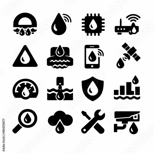 Water monitoring icons set: water drops, meters, tools, alerts, satellite connection