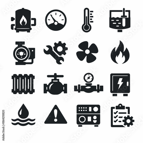 Industrial equipment icons: boiler, gauge, thermometer, control panel, wrench, fan, warning sign