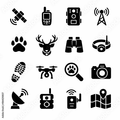Outdoor adventure icons: satellite, drone, gps, camera, radio, binoculars