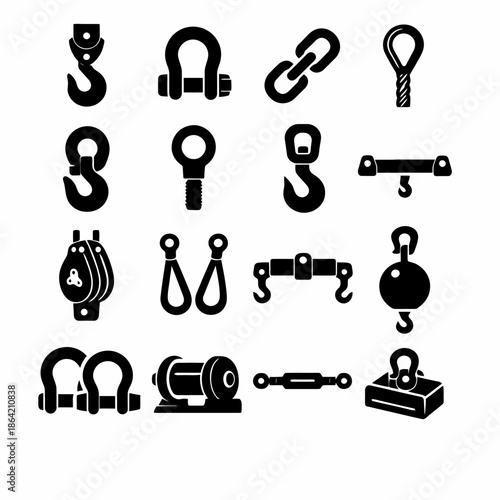 Set of industrial crane hooks and rigging equipment icons in black and white