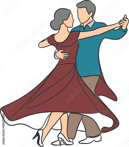Illustration of a cartoon illustration of a man and woman dancing together in a studio