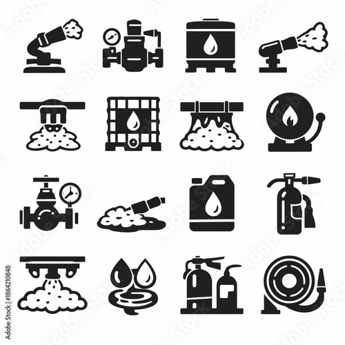 Firefighting equipment icons set: extinguishers, hoses, valves, water tanks