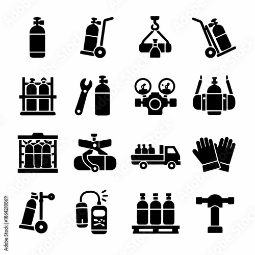 Various gas cylinder equipment and safety icons in black silhouette