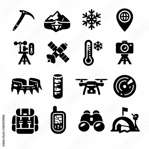 Adventure gear icons: mountain, weather, navigation, and camping symbols