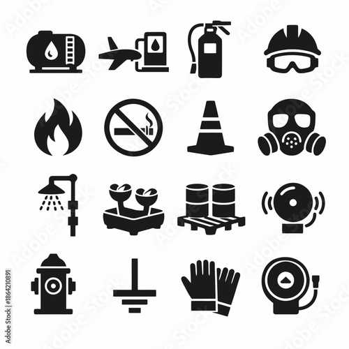 Safety icons: equipment, warning signs, fire extinguisher, gas mask, hard hat, gloves