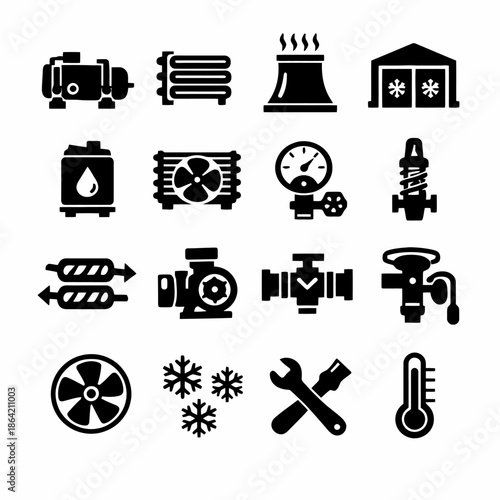 Black and white hvac system icons: pumps, valves, thermometer, wrench, fan, and more