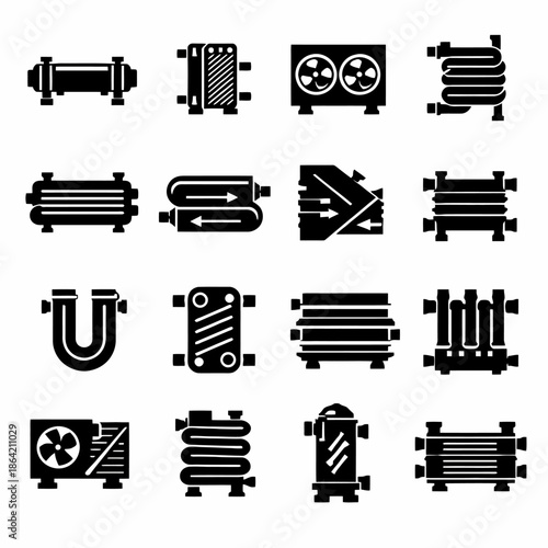 Set of various heat exchanger icon variants in black silhouettes