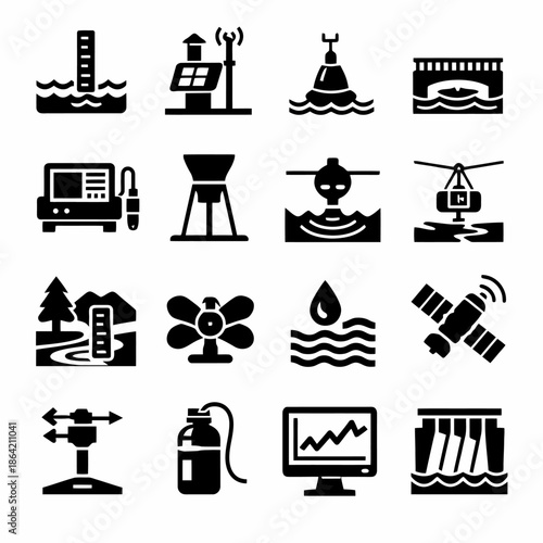 Weather and environmental monitoring icons in black and white