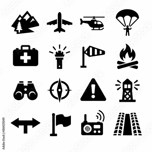 Outdoor adventure icons: travel, camping, rescue, navigation, safety symbols