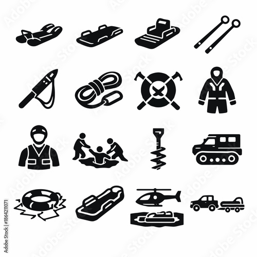 Rescue icons: equipment, safety gear, helicopter, hovercraft, lifeguard symbols