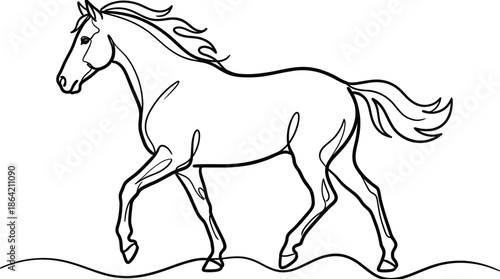 Continuous line drawing of a majestic horse walking forward minimalist black and white animal vector illustration for modern wall art decor
