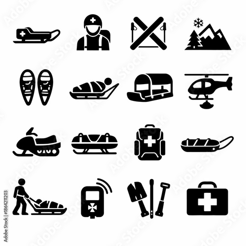 Winter mountain rescue equipment icons for emergency and safety