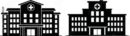 Black and white illustration of two multi story buildings with symmetrical facades