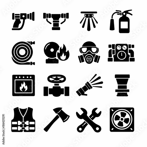 Fire safety equipment icons: extinguisher, hydrant, gas mask, alarm, tools, lifesaver