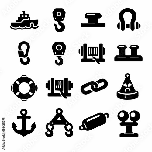 Collection of maritime icons featuring anchors, hooks, and lifebuoys