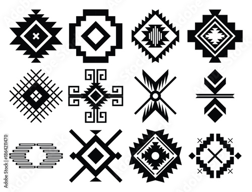 Aztec elements, tribal jewelry, tribal patterns, geometric symbols for tattoos, logos, cards, decorations, Navajo patterns, isolated on a white background.