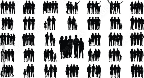 Grid of diverse people silhouettes in social groupings, illustrating family interaction, unity, posture, and demographic diversity.