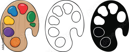 Paint palette silhouette & Outline and illustration set isolated on transparent background