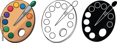 Paint palette silhouette & Outline and illustration set isolated on transparent background