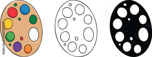 Paint palette silhouette & Outline and illustration set isolated on transparent background