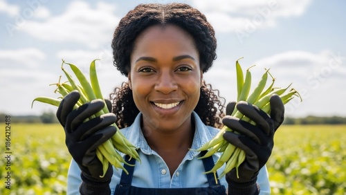 Smiling Female Farmer Holding Fresh Green Onions.