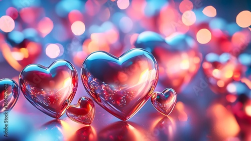 Shining metallic hearts arranged in a beautiful composition, symbolising love and affection