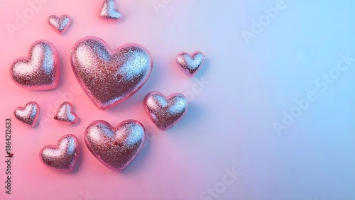 A collection of shiny, glittering hearts against a gradient background, representing love and affection. The hearts are in various sizes and arranged in a visually appealing pattern.