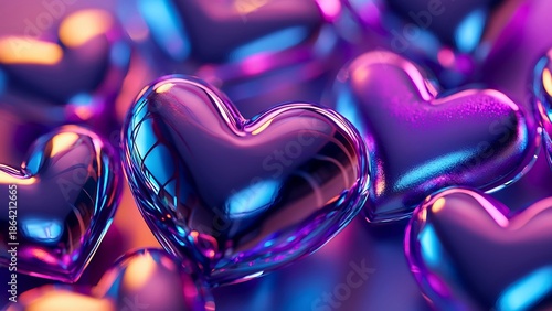 Shiny hearts in purple hue creating a romantic scene and displaying various emotions