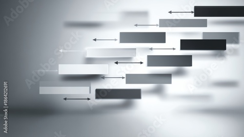 Abstract representation of business growth with moving bars and arrows in grayscale.