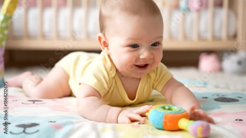 Happy baby smiling and playing on a play mat