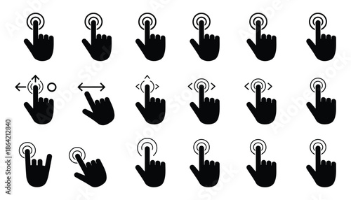 hand touchscreen gestures with arrow icon set, pointer cursor computer mouse icon, clicking cursor, pointing hand clicks icons,