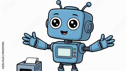 Cute blue cartoon robot standing next to printer  friendly robot character