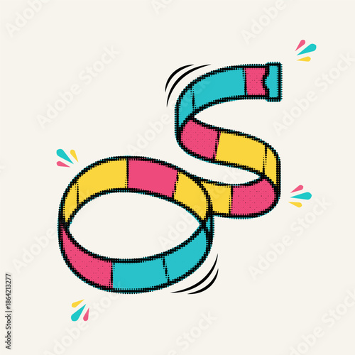 Halftone pop art dot flexible measuring tape in colorful segments for tailoring and construction, vector illustration