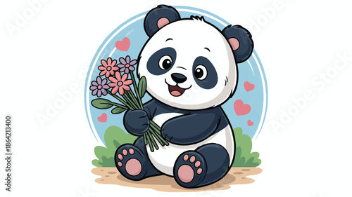 Cute cartoon panda bear holding pink flowers in hand sitting on ground