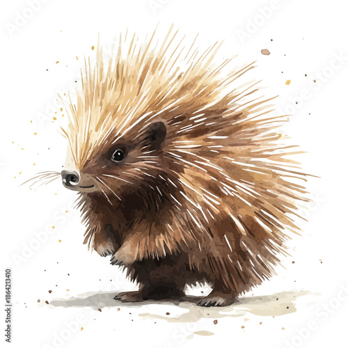 Porcupine, watercolor illustration featuring soft shadows and luminous, isolated on a white background.