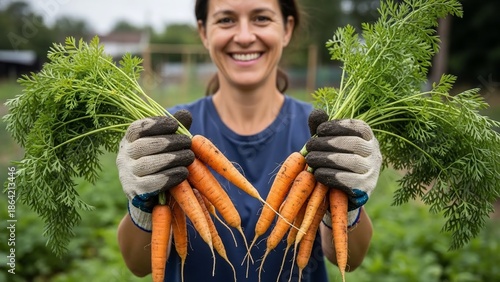 Woman holding freshly harvested carrots in garden.