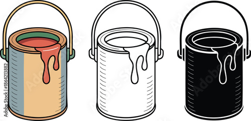 Paint pot silhouette & Outline and illustration set isolated on transparent background