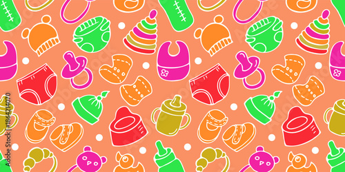 Children's colorful pattern for fabric and textile, hand drawn with children's clothes and toys.