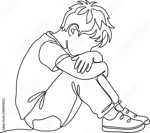 One line drawing of a sad boy sitting on the floor with head on knees feeling lonely depressed and unhappy