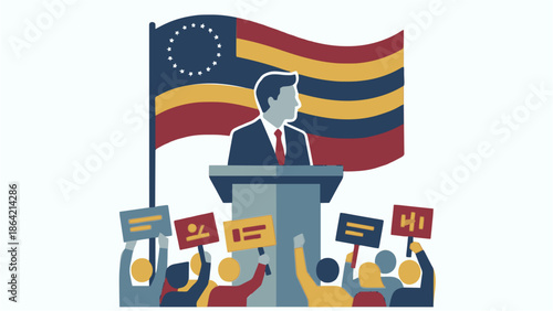 A vibrant flat design illustration captures a political speaker addressing an enthusiastic crowd holding various signs before a unique American-style flag.