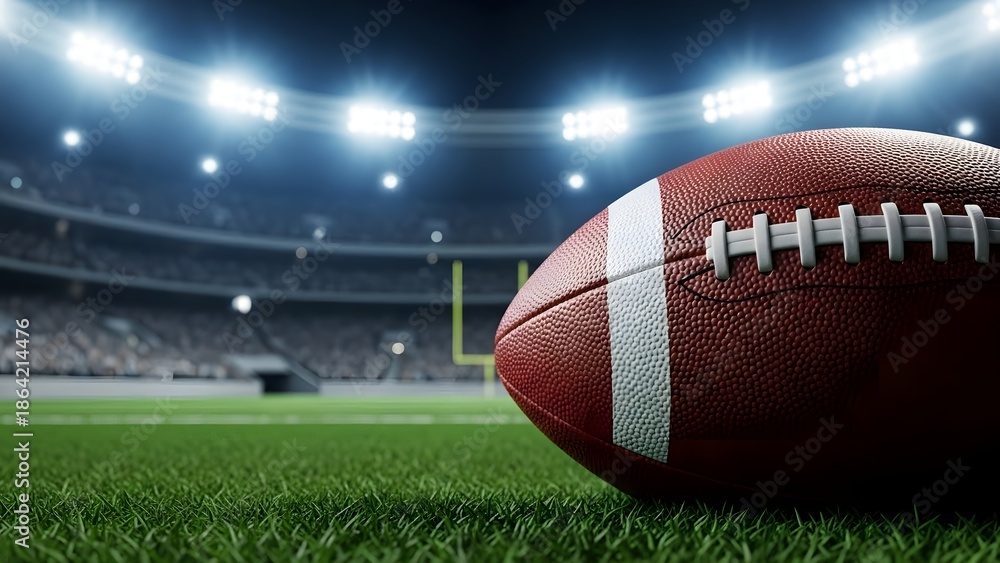 Obraz premium American football stadium with ball on green field