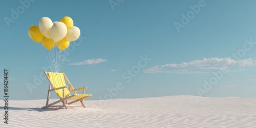 Yellow beach chair aloft with balloons on a white sandy landscape under a clear light blue sky