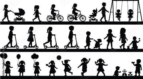 Silhouette children playing in rows with toys, balloons, strollers, swings, scooters, joyful activities, social interaction, outdoor fun