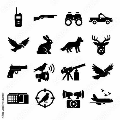Black silhouette icons of animals, equipment, and vehicles